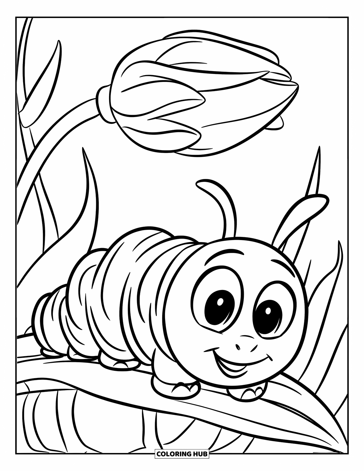 Desenho de Lagarta para Colorir para Crianças: Uma lagarta feliz descansa em uma folha com um botão de flor atrás dela