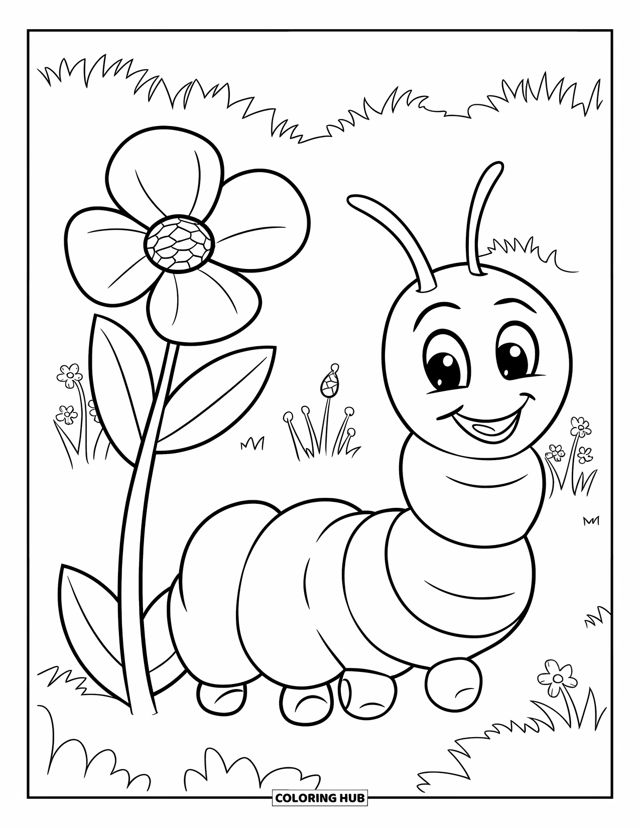 Desenho de Lagarta para Colorir para Crianças: Uma lagarta feliz com olhos grandes senta-se perto de uma flor no jardim