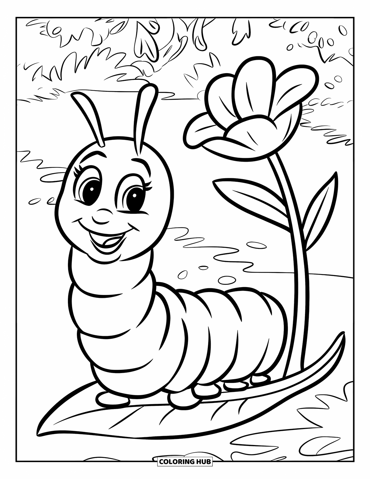 Desenho de Lagarta para Colorir para Crianças: Uma lagarta brincalhona senta-se ao lado de uma flor em um jardim brilhante