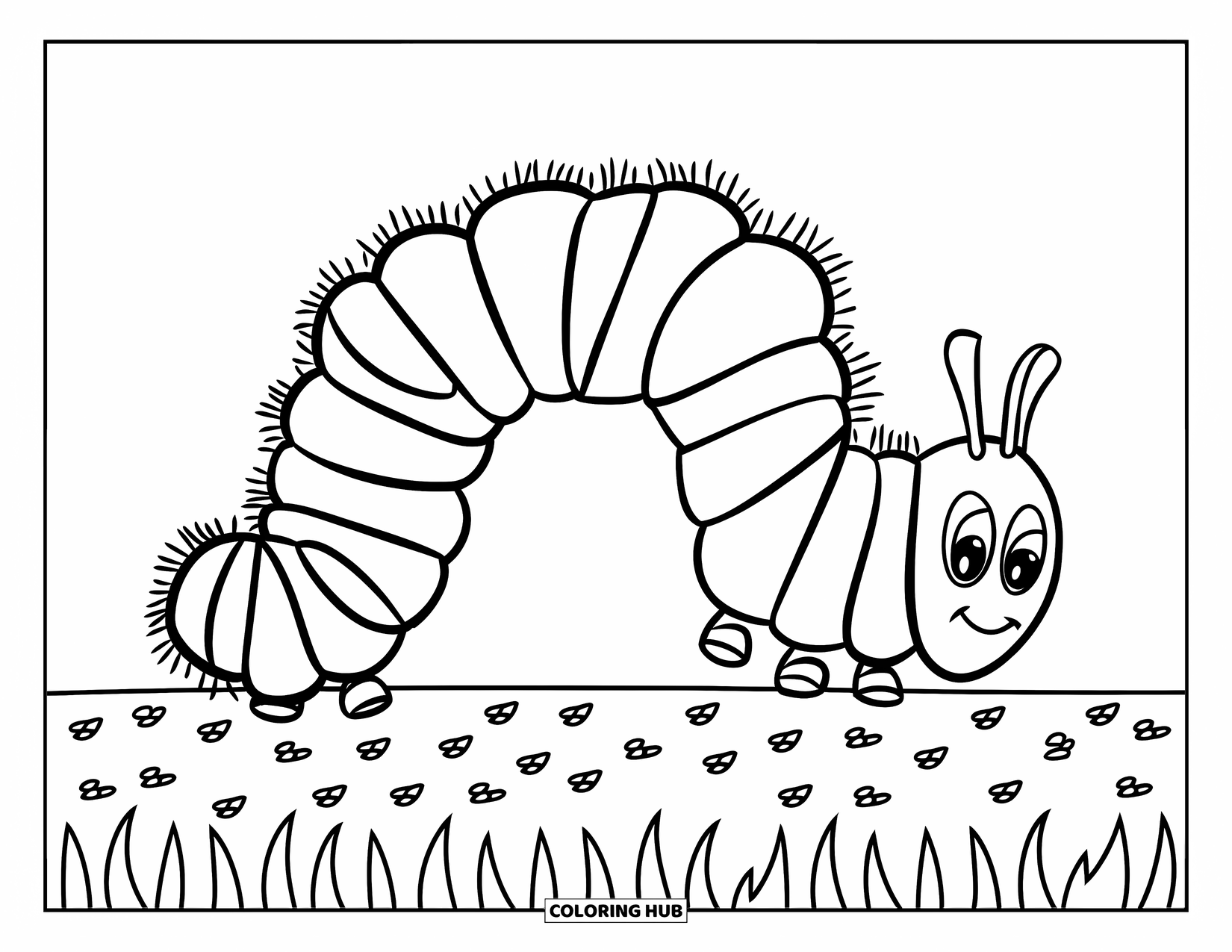 Desenho de Lagarta para Colorir para Crianças: Uma lagarta redonda rasteja sobre grama padronizada feita de pequenas formas repetidas