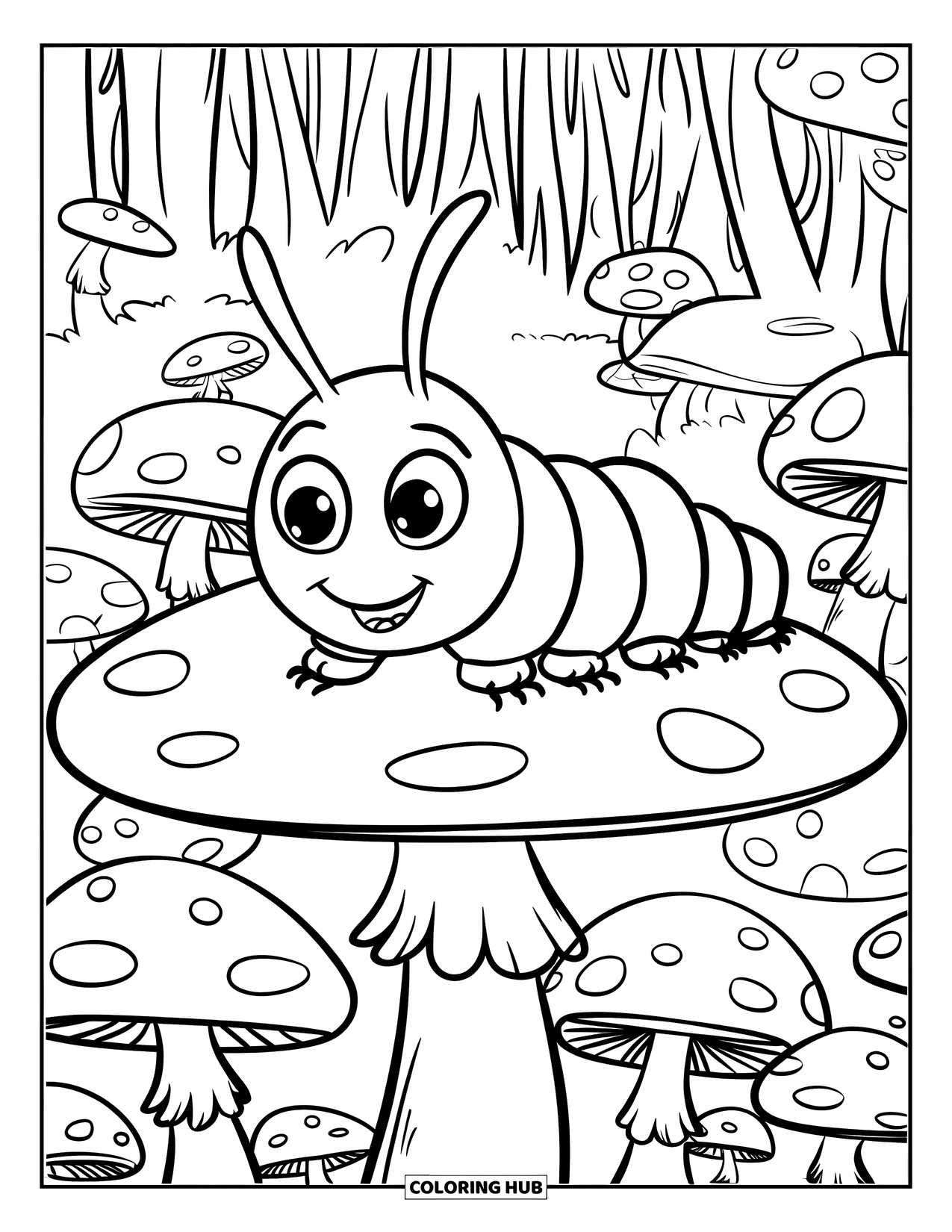Desenho de Lagarta para Colorir para Crianças: Uma lagarta de olhos redondos senta-se em um cogumelo cercado por fungos florestais altos