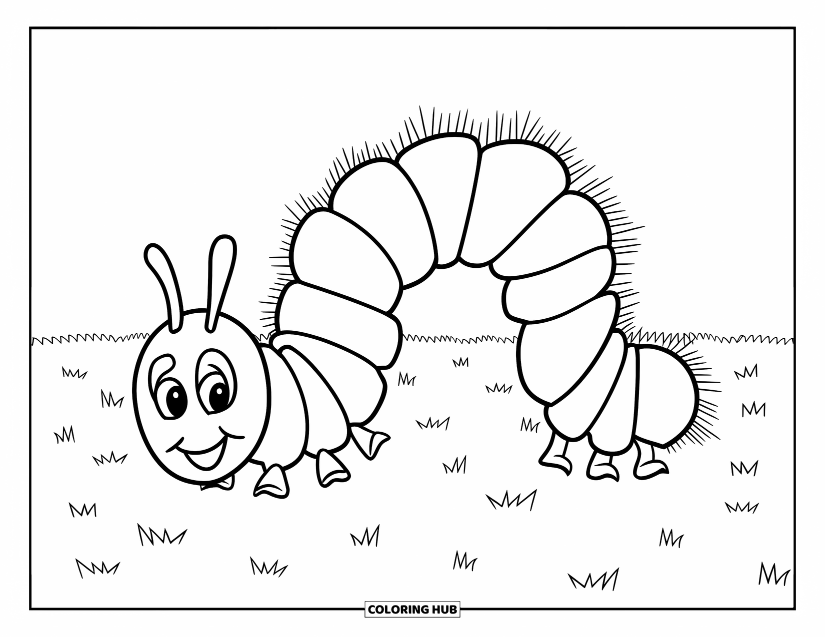 Desenho de Lagarta para Colorir para Crianças: Uma lagarta simples com um grande sorriso rasteja sobre um terreno gramado