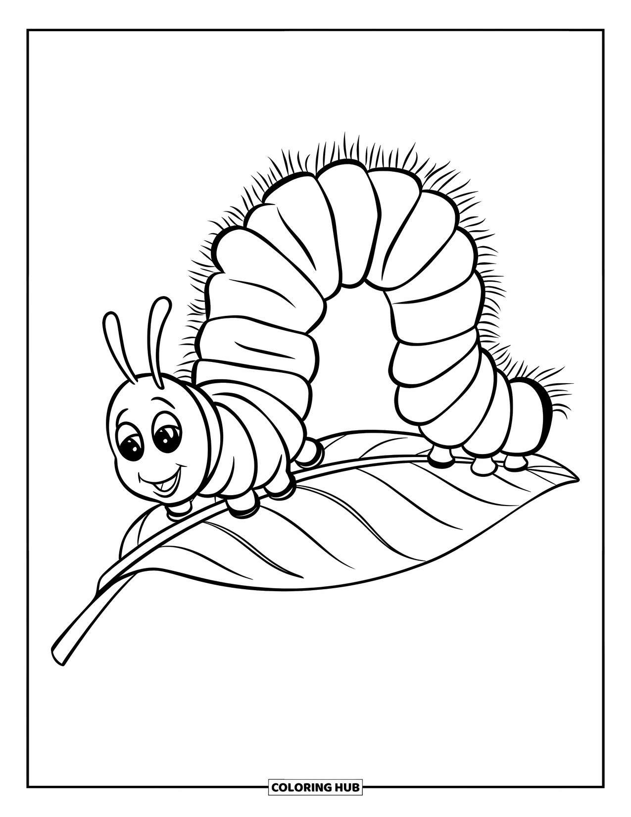 Desenho de Lagarta para Colorir para Crianças: Uma lagarta sorridente rasteja sobre uma única folha grande