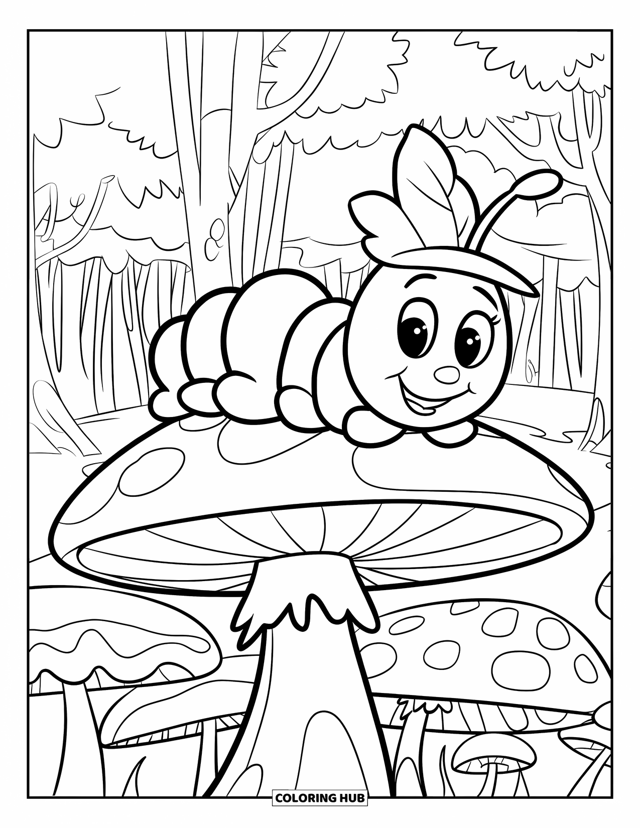 Desenho de Lagarta para Colorir para Crianças: Uma lagarta sorridente com um chapéu de folha descansa em um largo cogumelo na floresta