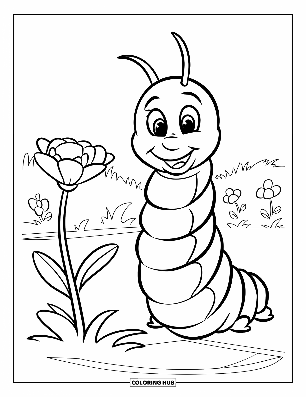 Desenho de Lagarta para Colorir para Crianças: Uma lagarta sorridente relaxa perto de uma flor em um campo ensolarado