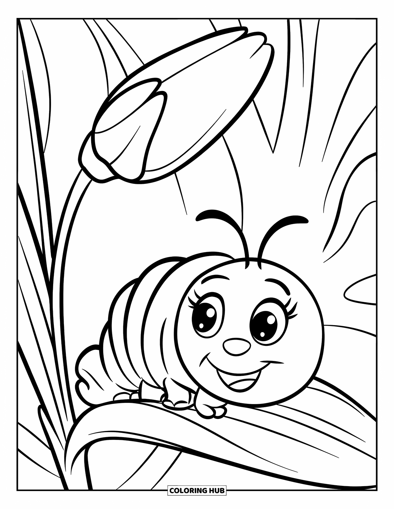 Desenho de Lagarta para Colorir para Crianças: Uma lagarta sorridente senta-se em uma folha ao lado de um botão de flor alto