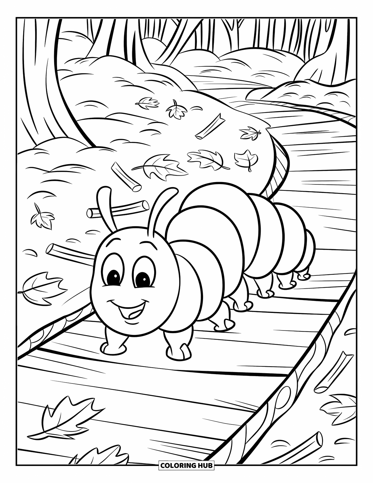 Desenho de Lagarta para Colorir para Crianças: Uma lagarta sorridente caminha ao longo de uma trilha cheia de folhas de outono e galhos