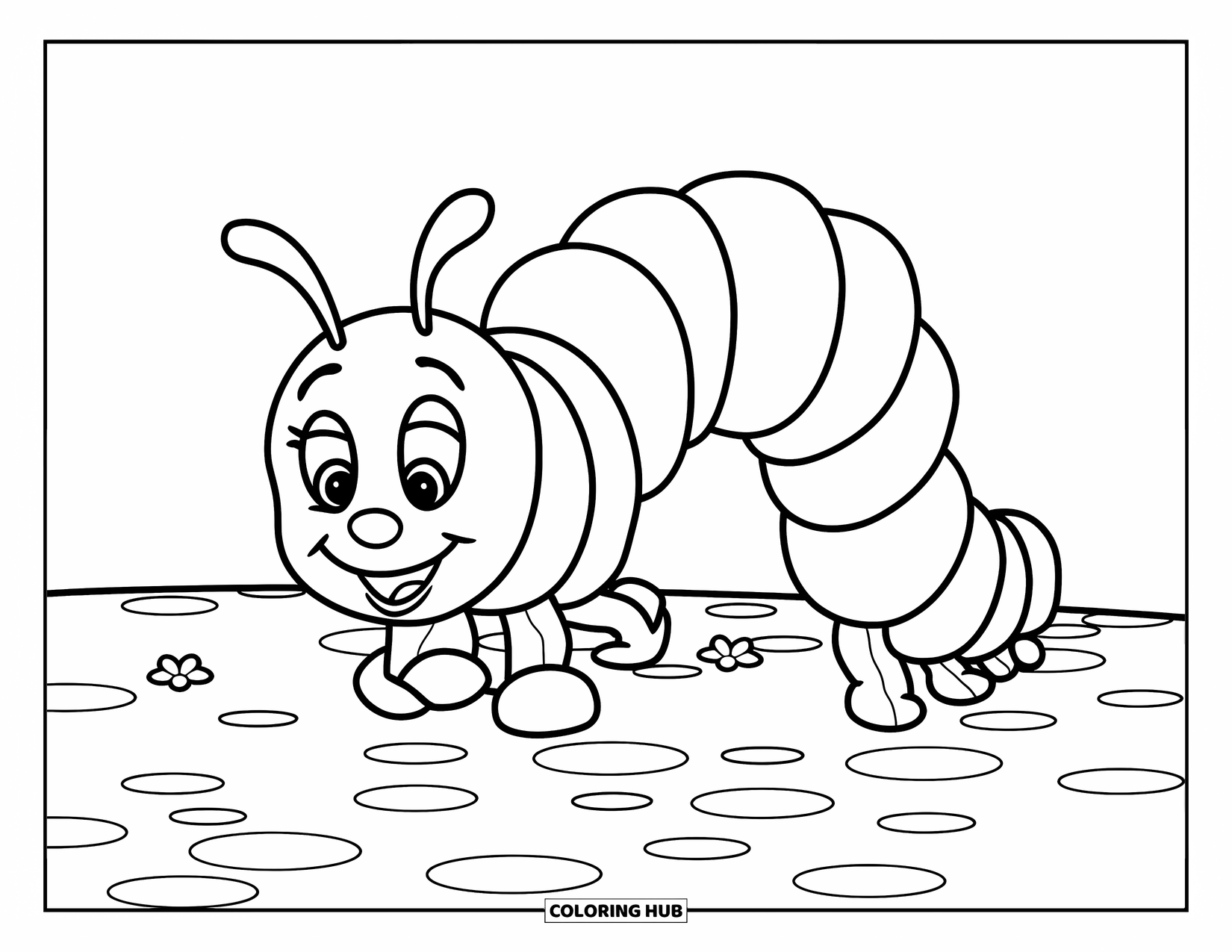 Desenho de Lagarta para Colorir para Crianças: Uma lagarta sorridente usando uma folha rasteja perto de flores em um terreno gramado