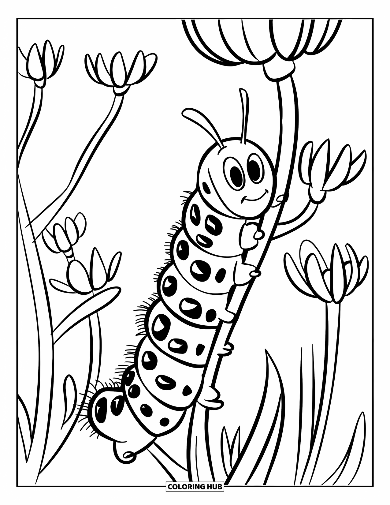 Desenho de Lagarta para Colorir para Crianças: Uma lagarta manchada sobe em um caule de flor frondoso em um jardim