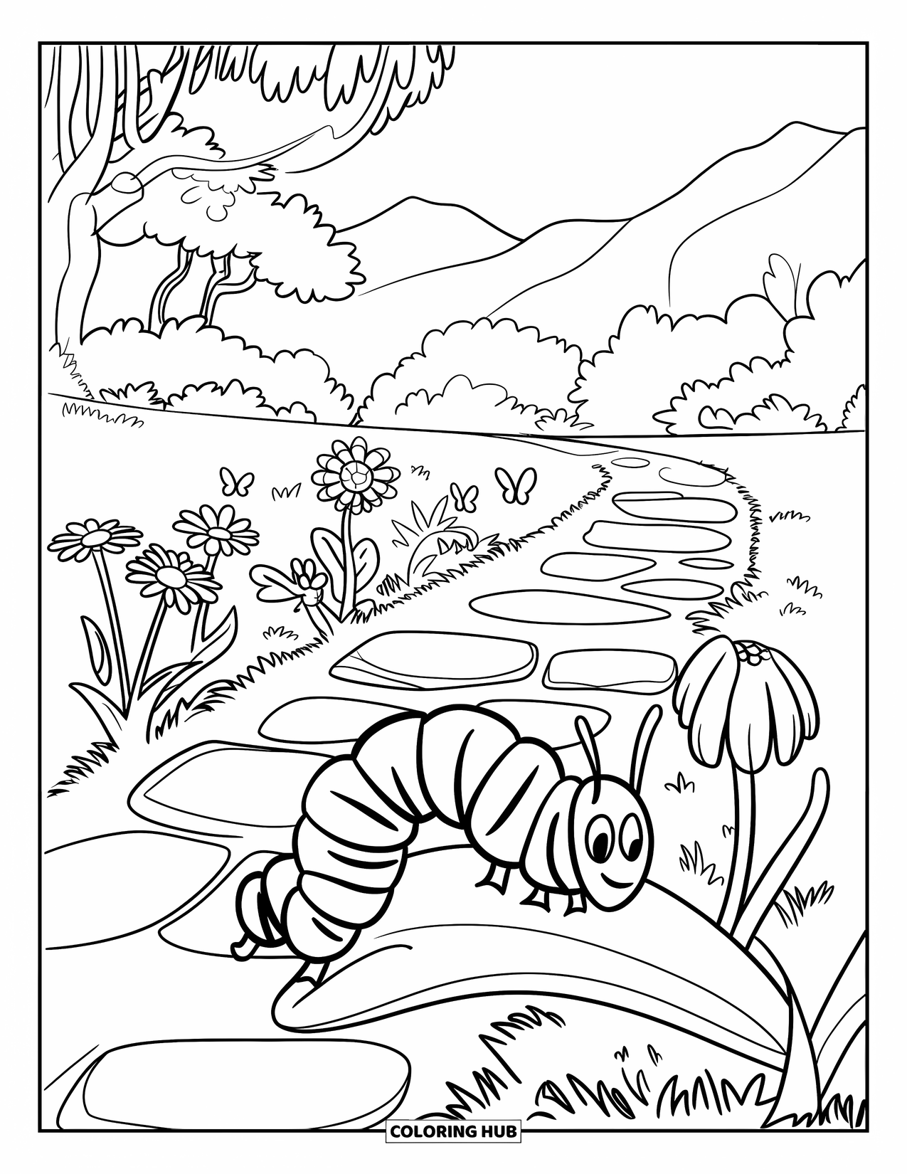Desenho de Lagarta para Colorir para Crianças: Um caminho de jardim de pedra serpenteia pelas flores enquanto uma lagarta rasteja nas proximidades