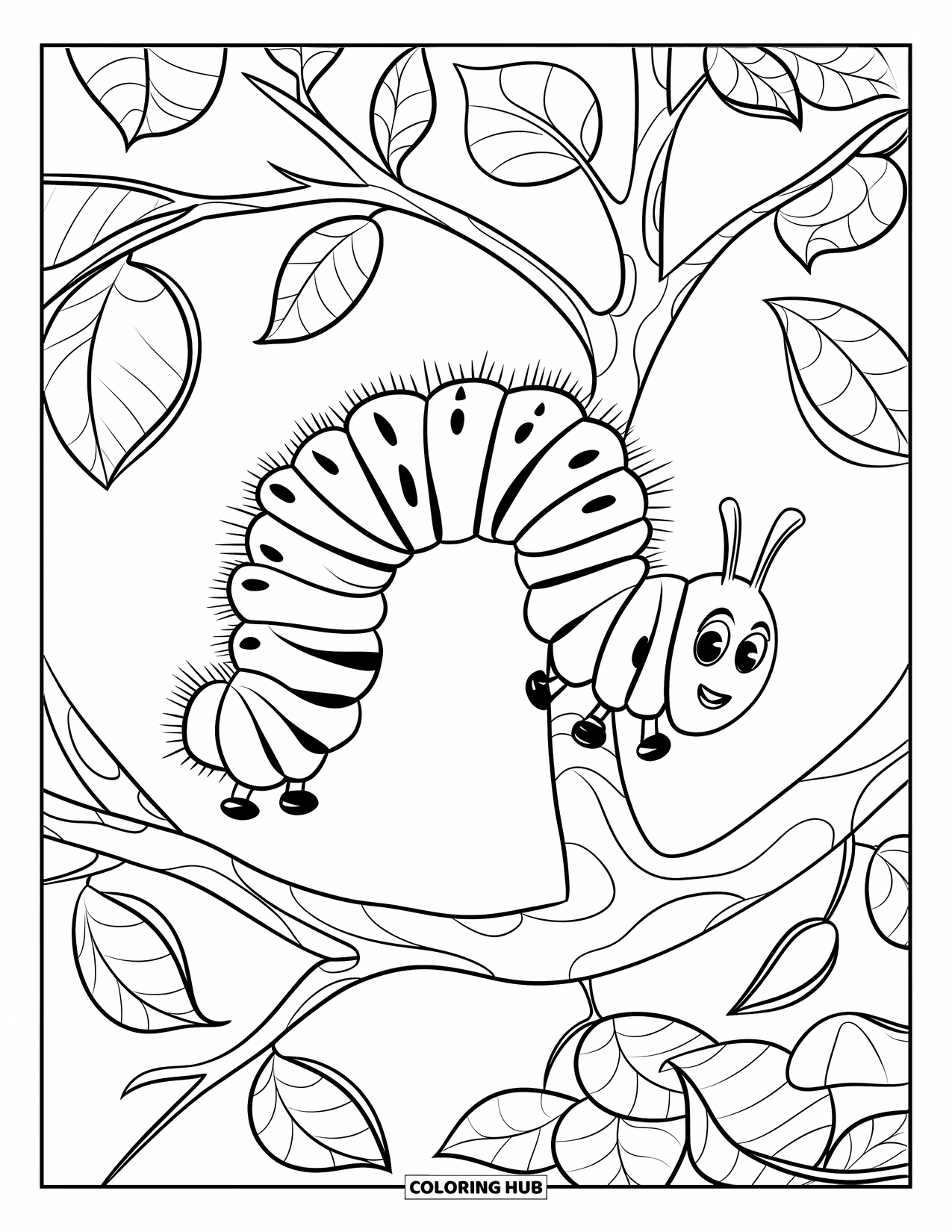 Desenho de Lagarta para Colorir para Crianças: Uma lagarta listrada sobe em um tronco de árvore cercado por galhos frondosos