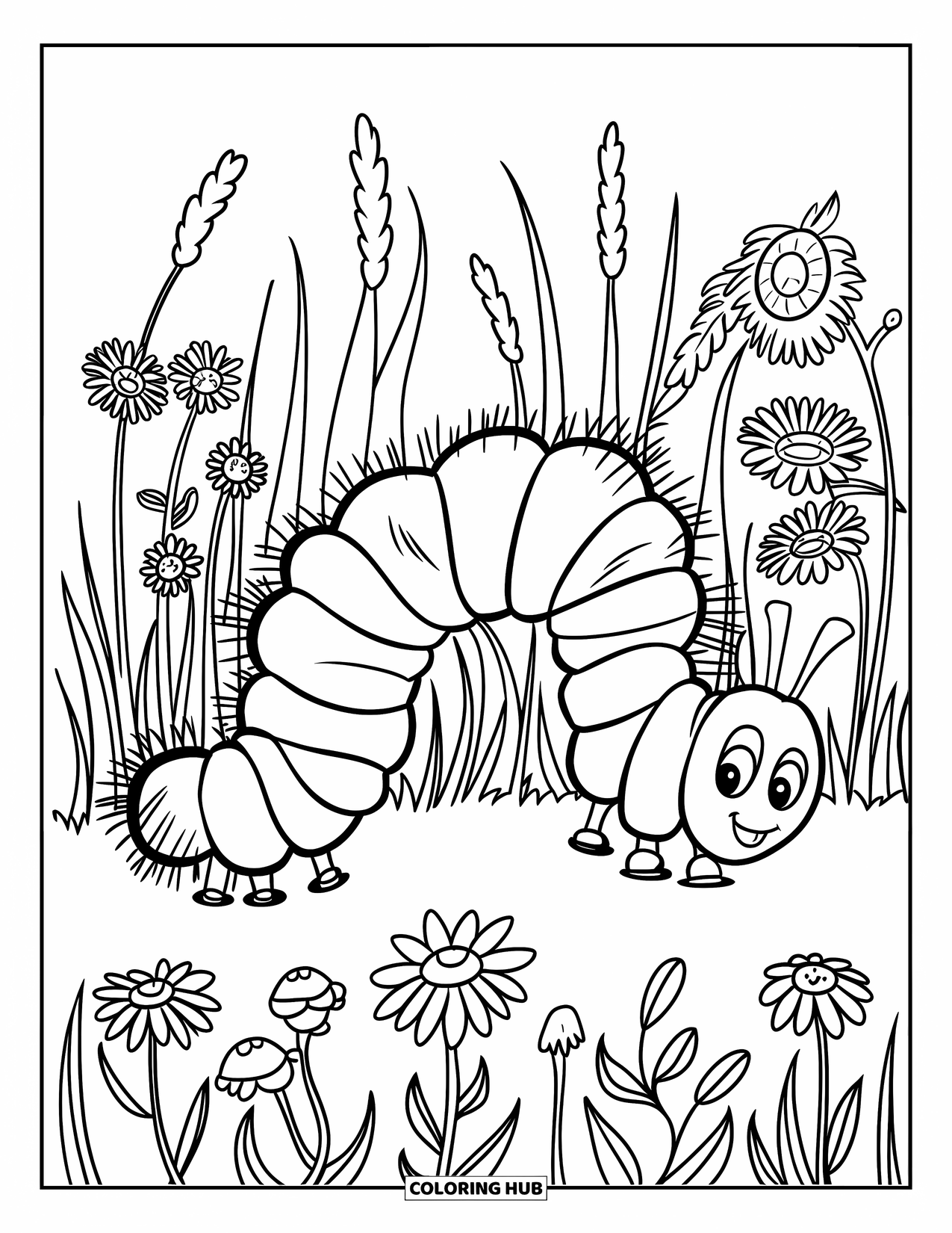 Desenho de Lagarta para Colorir para Crianças: Uma lagarta listrada explora um prado cheio de margaridas e girassóis