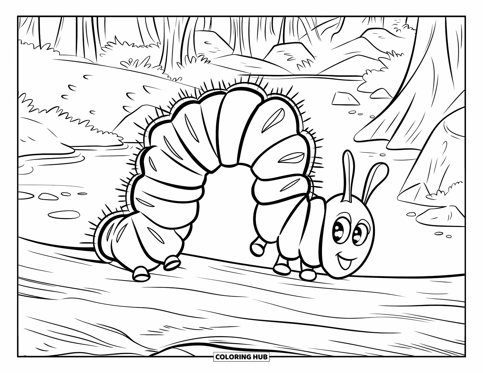 Desenho de Lagarta para Colorir para Crianças: Uma lagarta listrada explora um tronco musgoso perto de um riacho florestal suave