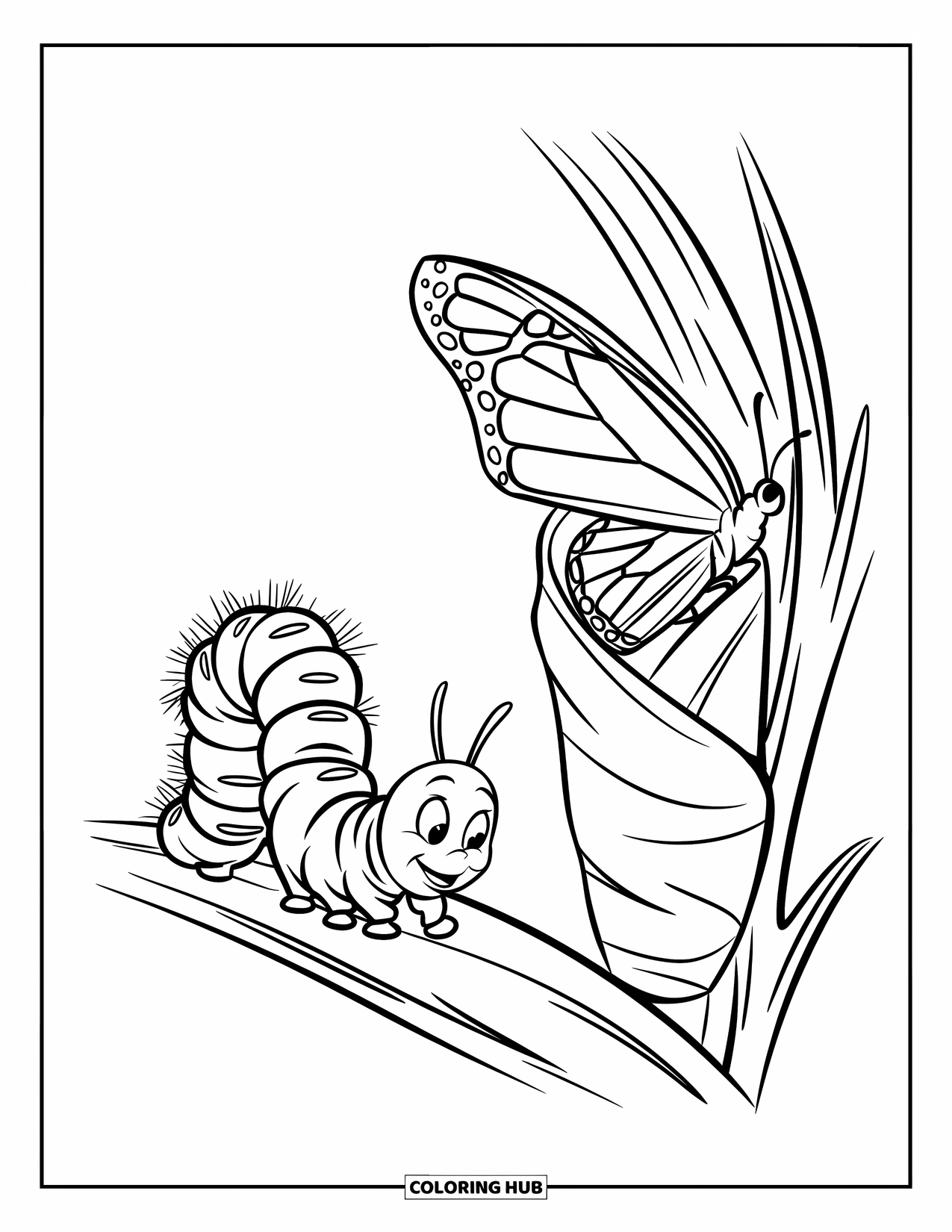 Desenho de Lagarta para Colorir para Crianças: Uma lagarta listrada observa uma borboleta emergir de um casulo preso a um galho