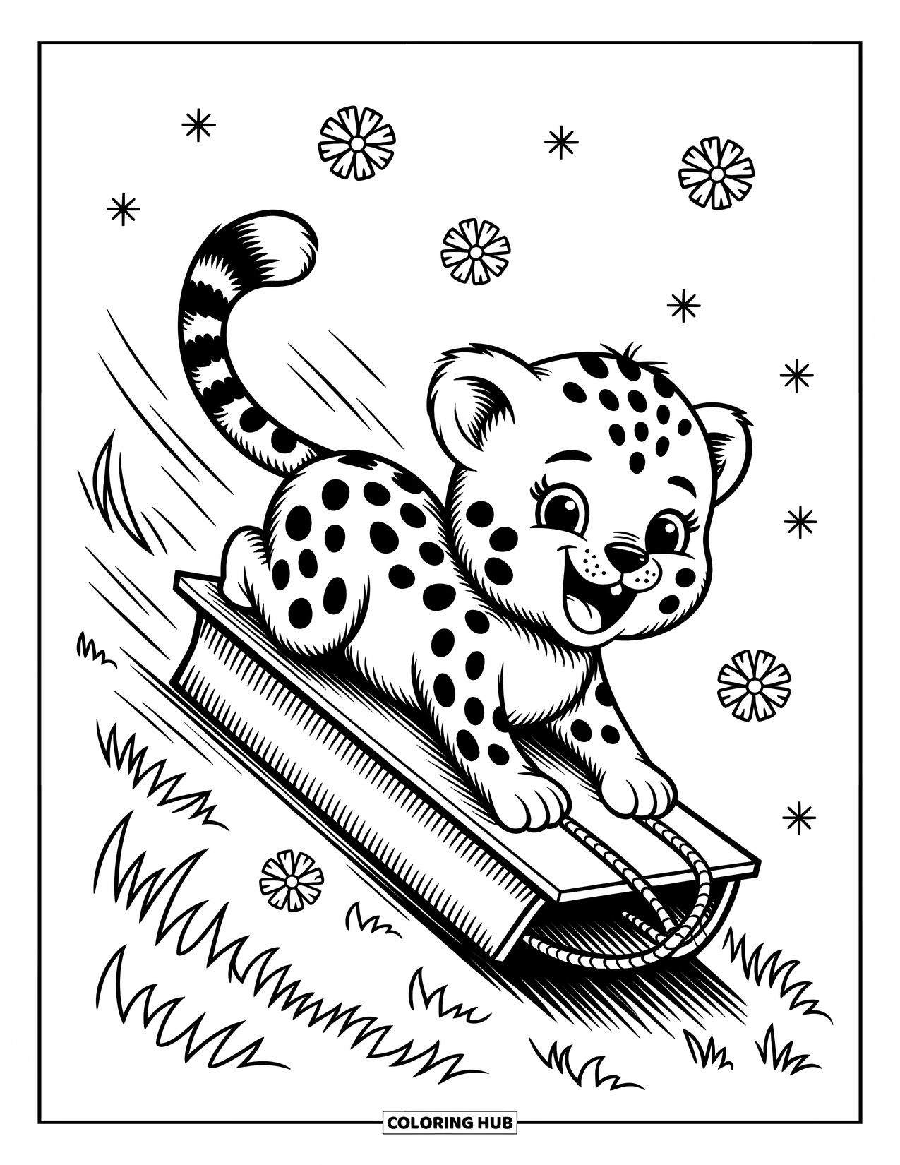 Disegno di ghepardo da colorare per adulti: Un cucciolo di ghepardo scivola con gioia, trascinando fiori e nuvolette di discorso attraverso la brezza