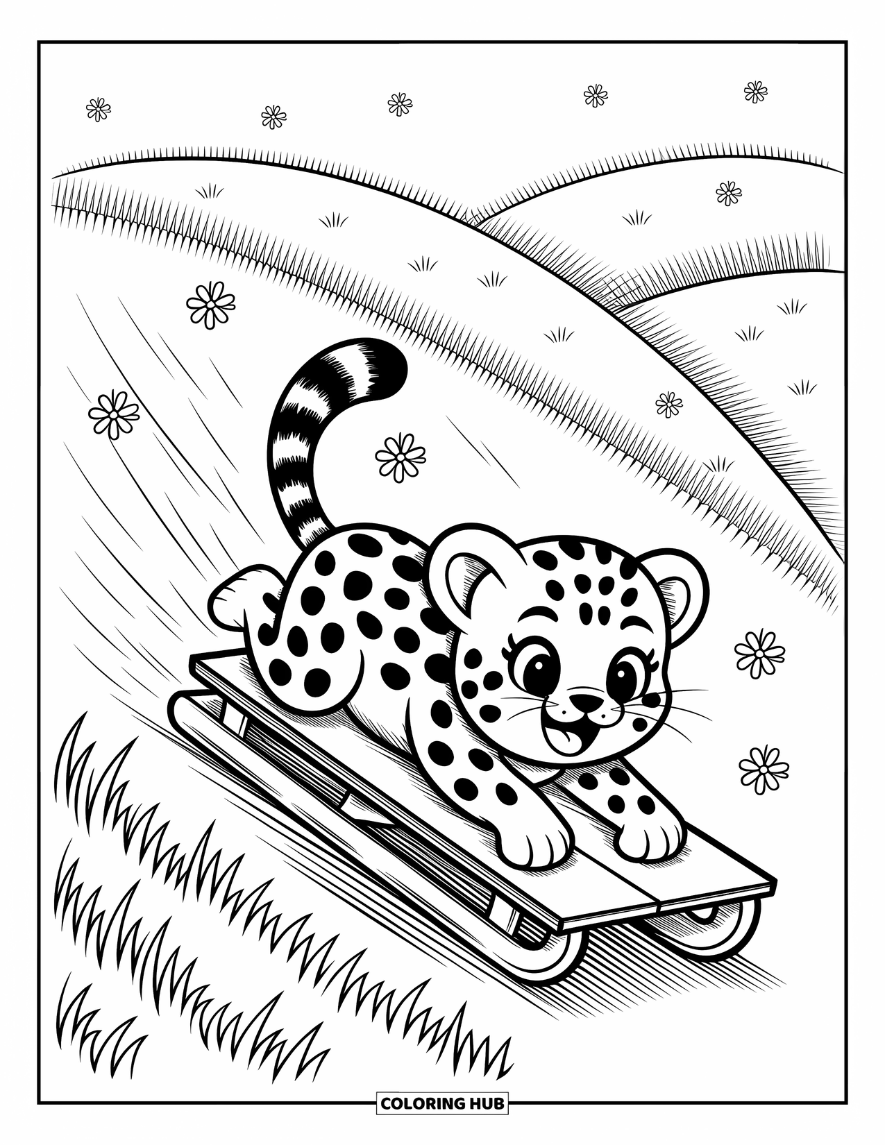 Disegno di ghepardo da colorare per adulti: Un cucciolo di ghepardo zooma giù per una collina erbosa su una slitta, circondato da margherite giocose