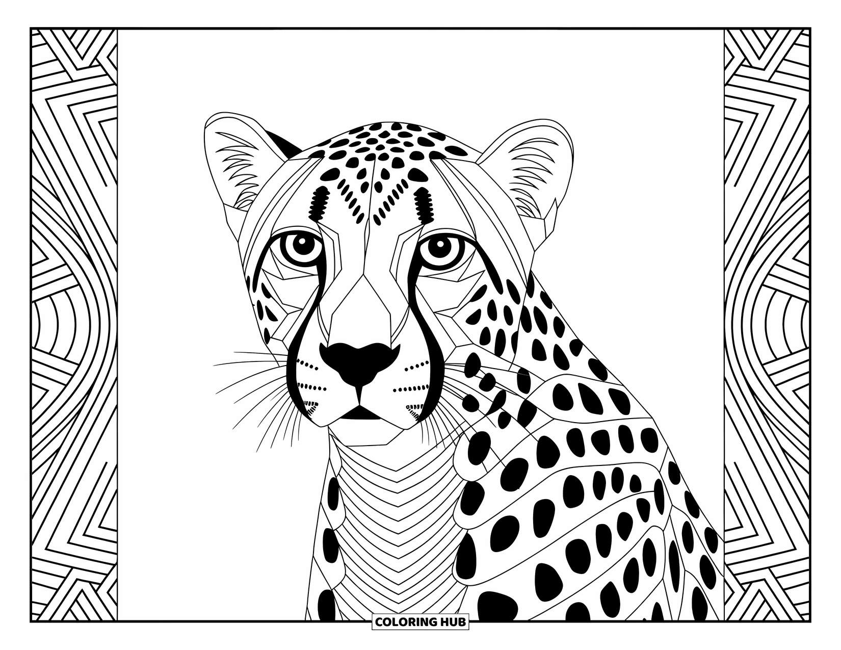 Disegno di ghepardo da colorare per adulti: Un volto di ghepardo audace realizzato con motivi stratificati brilla in uno stile geometrico dettagliato