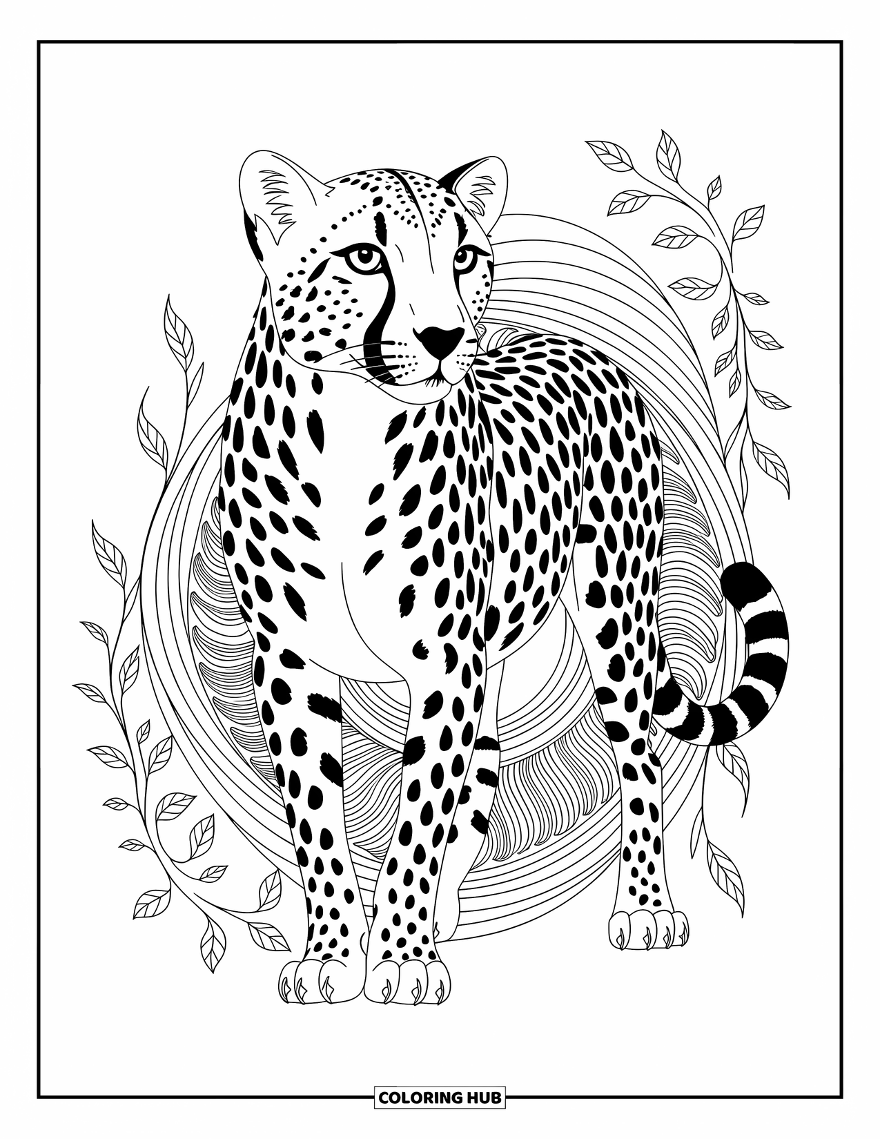 Disegno di ghepardo da colorare per adulti: Un ghepardo audace riposa in un mix di mandala vorticosi e delicati motivi di viti