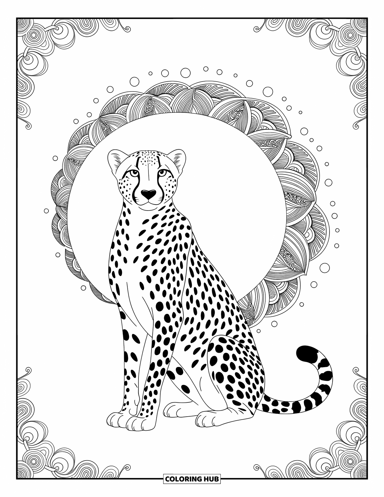 Disegno di ghepardo da colorare per adulti: Un ghepardo calmo siede sotto una corona zentangle vorticosa con un bordo modellato intorno