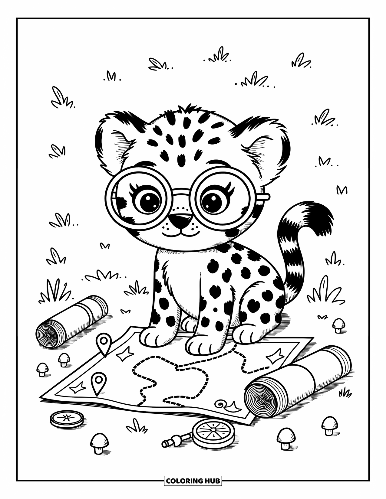 Disegno di ghepardo da colorare per adulti: Un cucciolo di ghepardo allegro con gli occhiali guarda una mappa, pronto per una piccola avventura