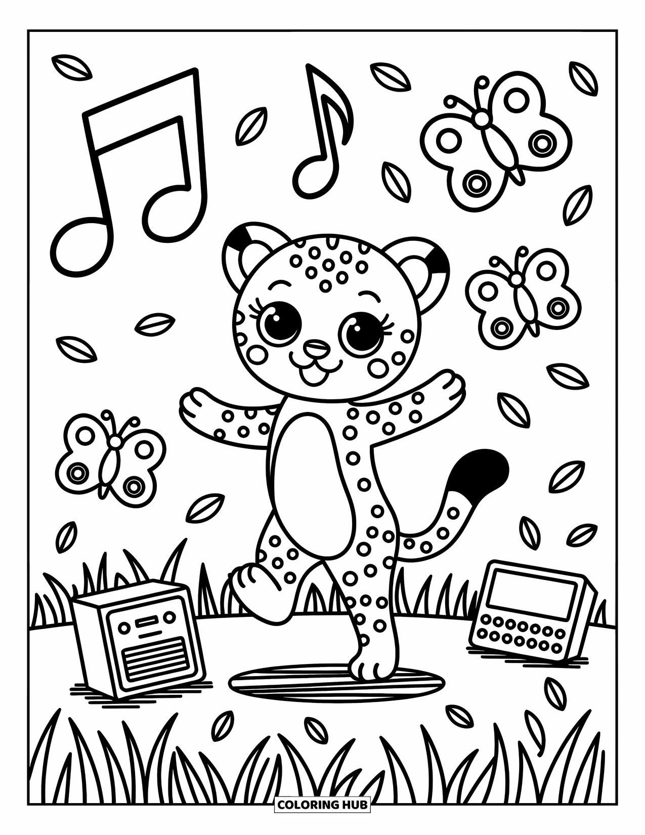 Disegno di ghepardo da colorare per adulti: Un ghepardo allegro danza tra grandi note musicali, petali di fiori e farfalle svolazzanti