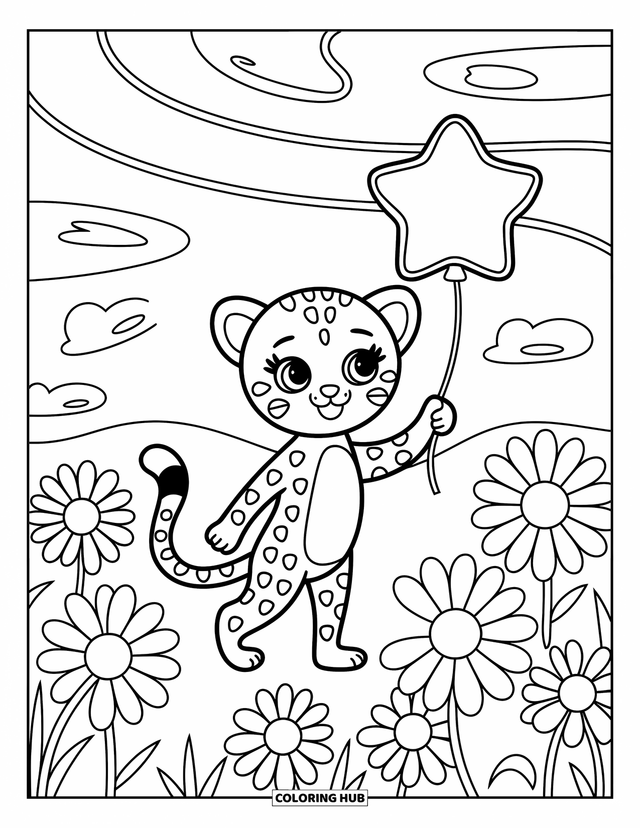 Disegno di ghepardo da colorare per adulti: Un ghepardo allegro tiene un palloncino a stella mentre sta in un campo da sogno di margherite