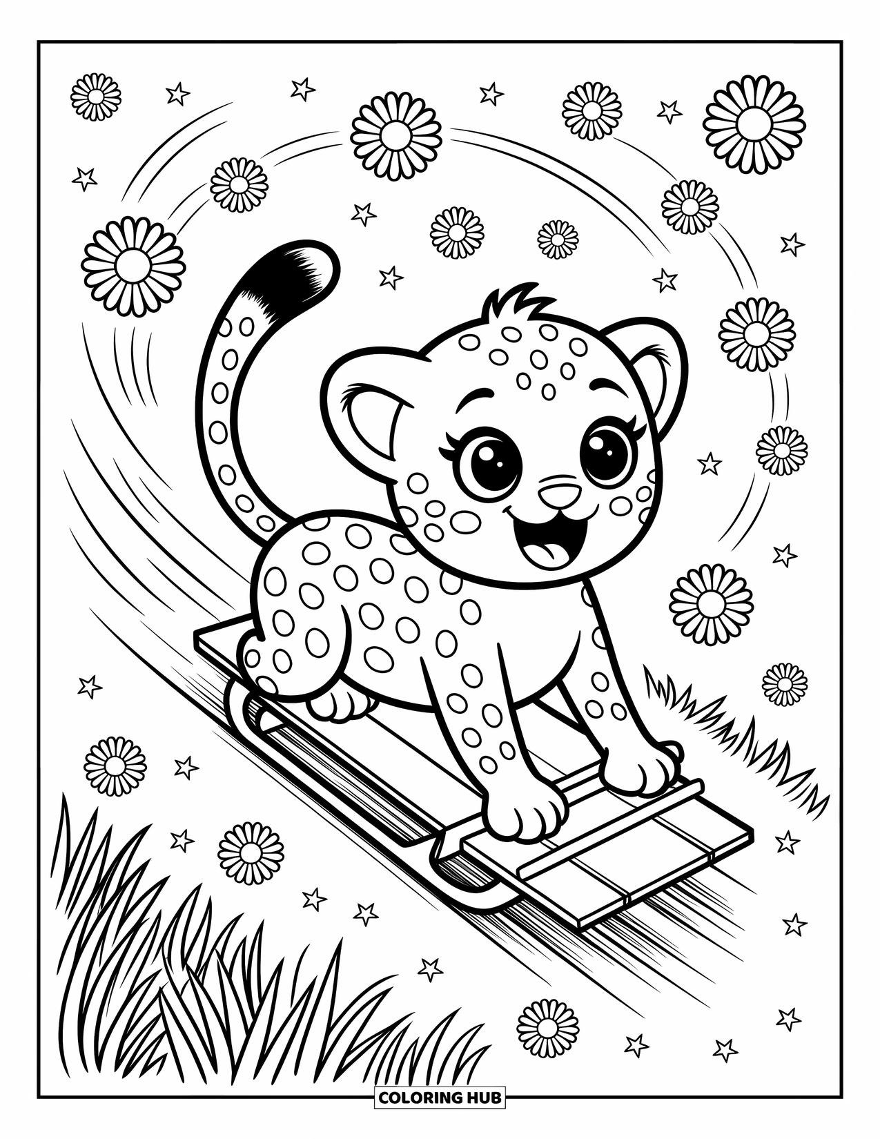 Disegno di ghepardo da colorare per adulti: Un ghepardo allegro scivola giù su una slitta mentre margherite e vento si avvolgono intorno con gioia