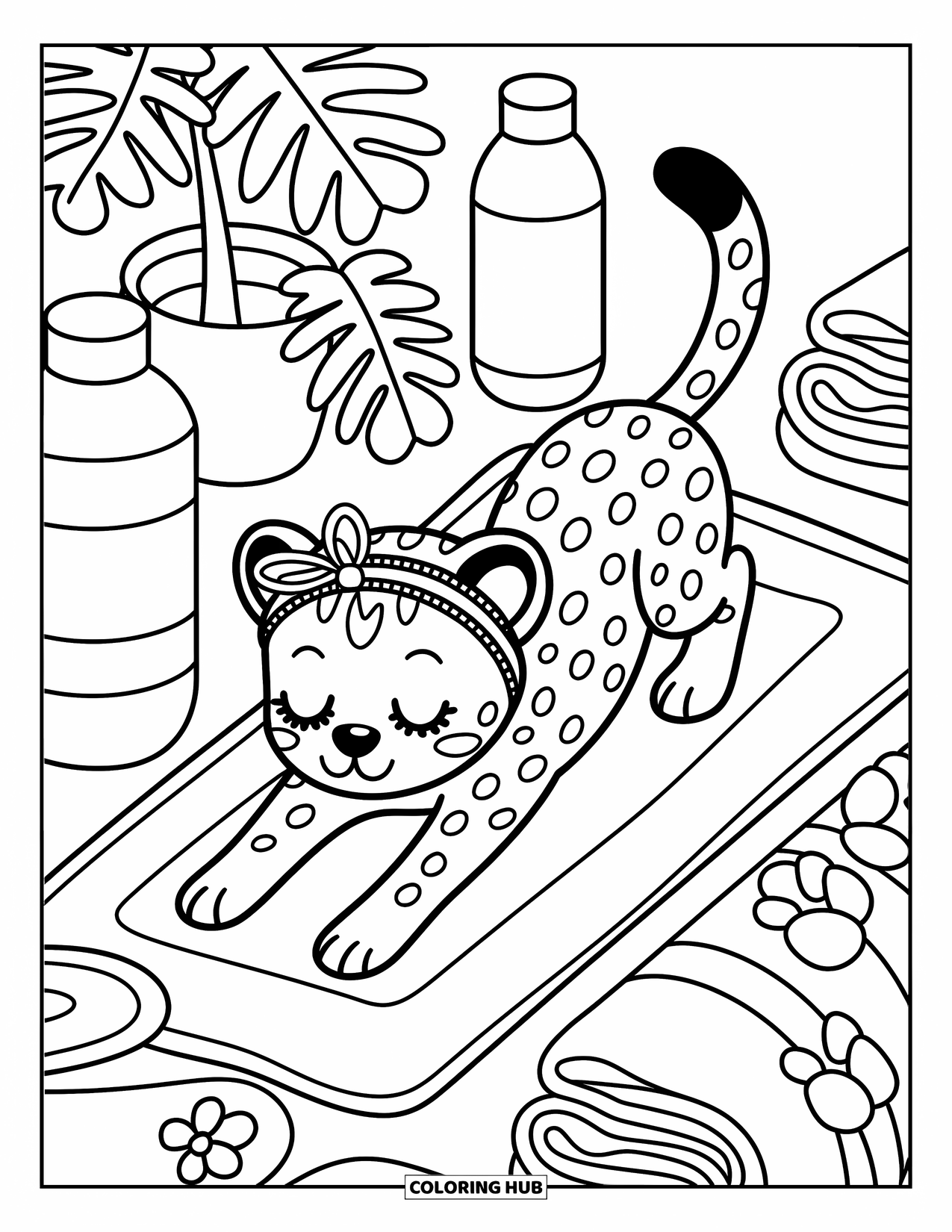 Disegno di ghepardo da colorare per adulti: Un ghepardo allegro con un nastro gode di uno stiramento tranquillo vicino a piante, asciugamani e bottiglie d'acqua
