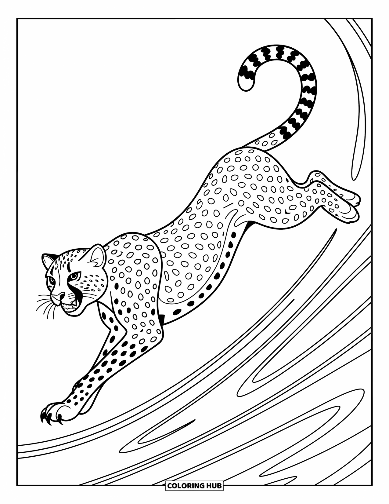 Disegno di ghepardo da colorare per adulti: Un ghepardo a mezzo salto è avvolto in vorticosi motivi e nitidi contorni audaci
