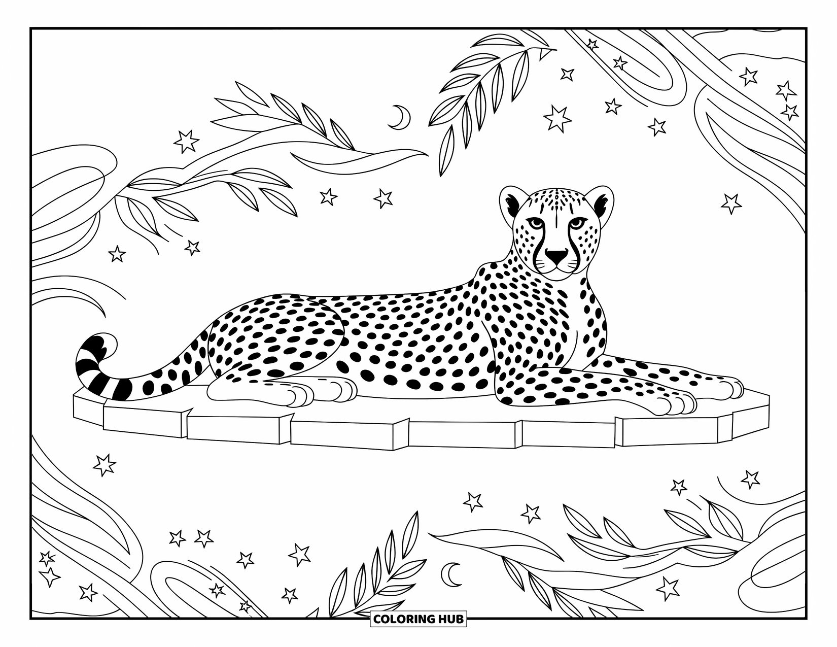Disegno di ghepardo da colorare per adulti: Un ghepardo riposa su una lastra di pietra, circondato da stelle, lune e gorghi fogliati