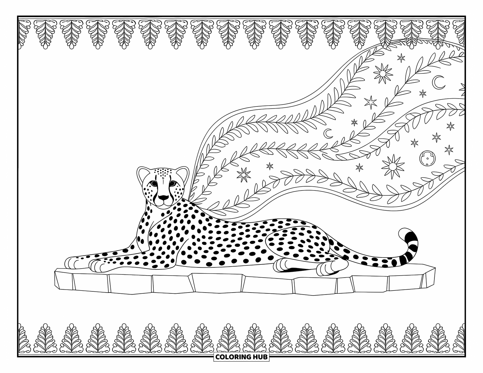 Disegno di ghepardo da colorare per adulti: Un ghepardo riposa su una lastra di pietra circondato da stelle, lune e foglie in vortice