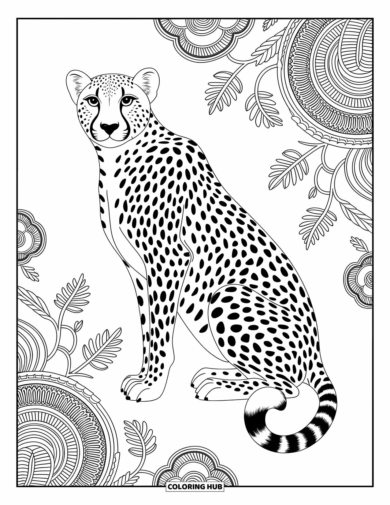 Disegno di ghepardo da colorare per adulti: Un ghepardo con macchie eleganti è circondato da eleganti viti e forme di mandala vorticosi