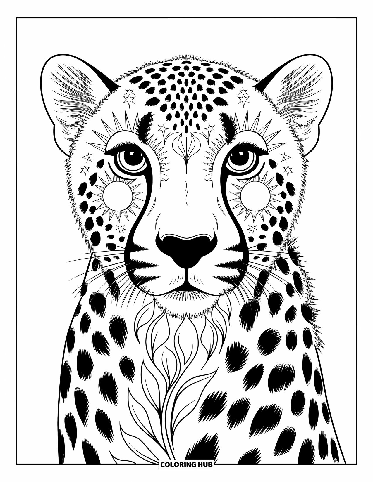 Disegno di ghepardo da colorare per adulti: Il volto di un ghepardo si fonde in soli vorticosi e foglie con dettagli calmi e intricati