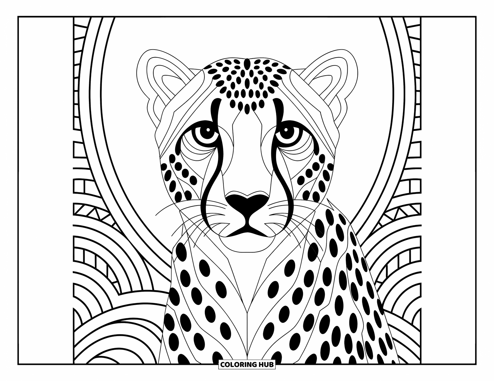 Disegno di ghepardo da colorare per adulti: Il volto di un ghepardo formato da forme incrociate spicca in un audace layout geometrico