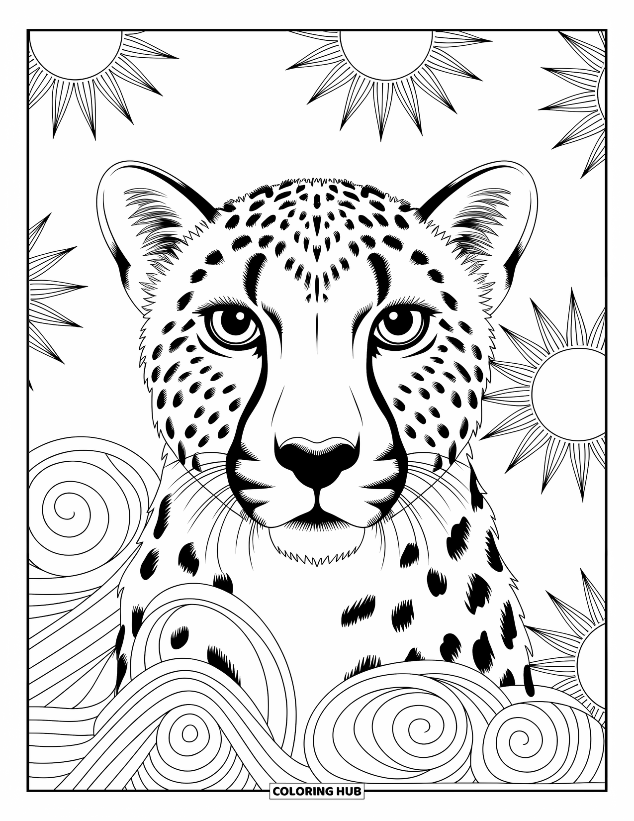 Disegno di ghepardo da colorare per adulti: Il volto di un ghepardo si scioglie in esplosioni solari e spirali fogliate in uno stile rilassante
