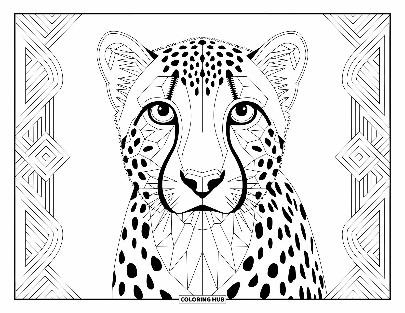 Disegno di ghepardo da colorare per adulti: La testa di un ghepardo fatta di forme geometriche riempie la pagina con un design nitido e stratificato