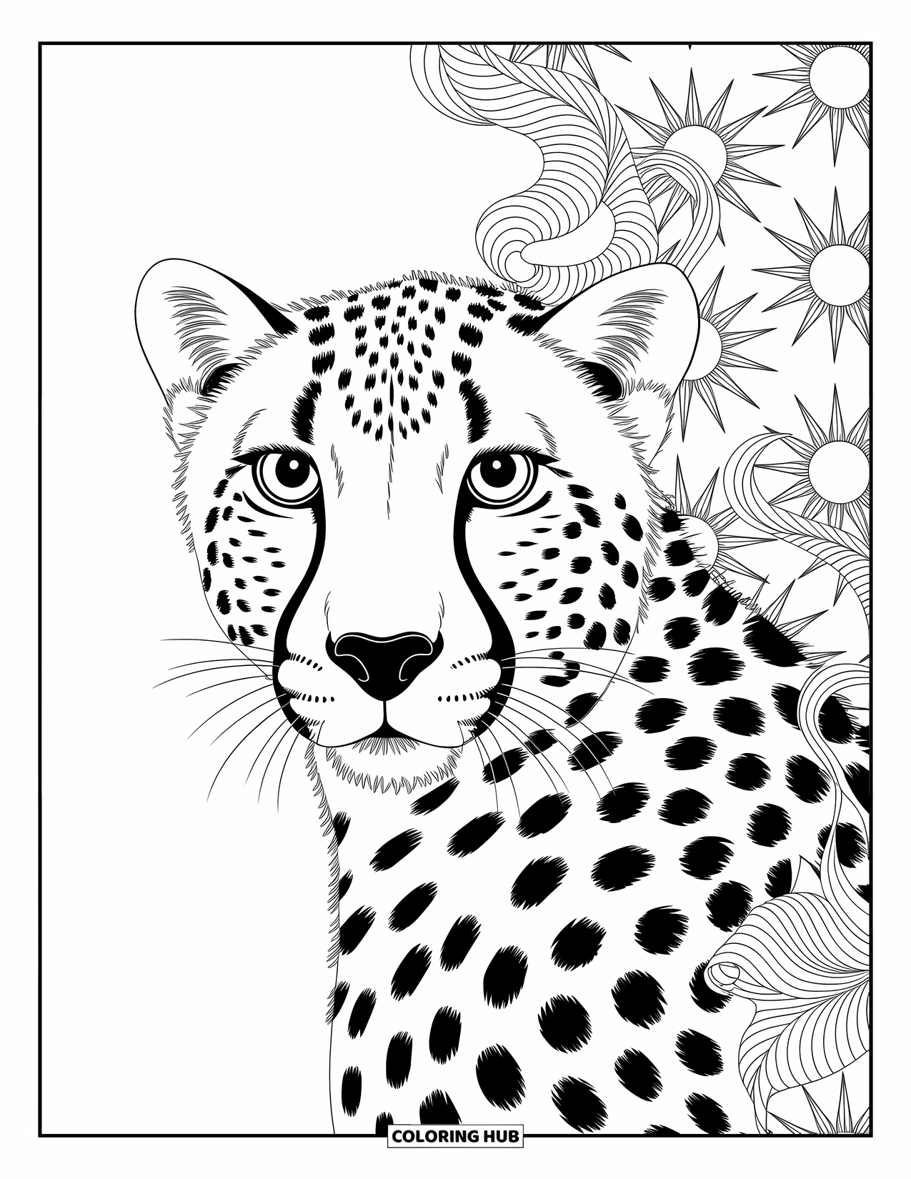 Disegno di ghepardo da colorare per adulti: I tratti distintivi di un ghepardo sfumano in un gorgo di soli e riccioli fogliati