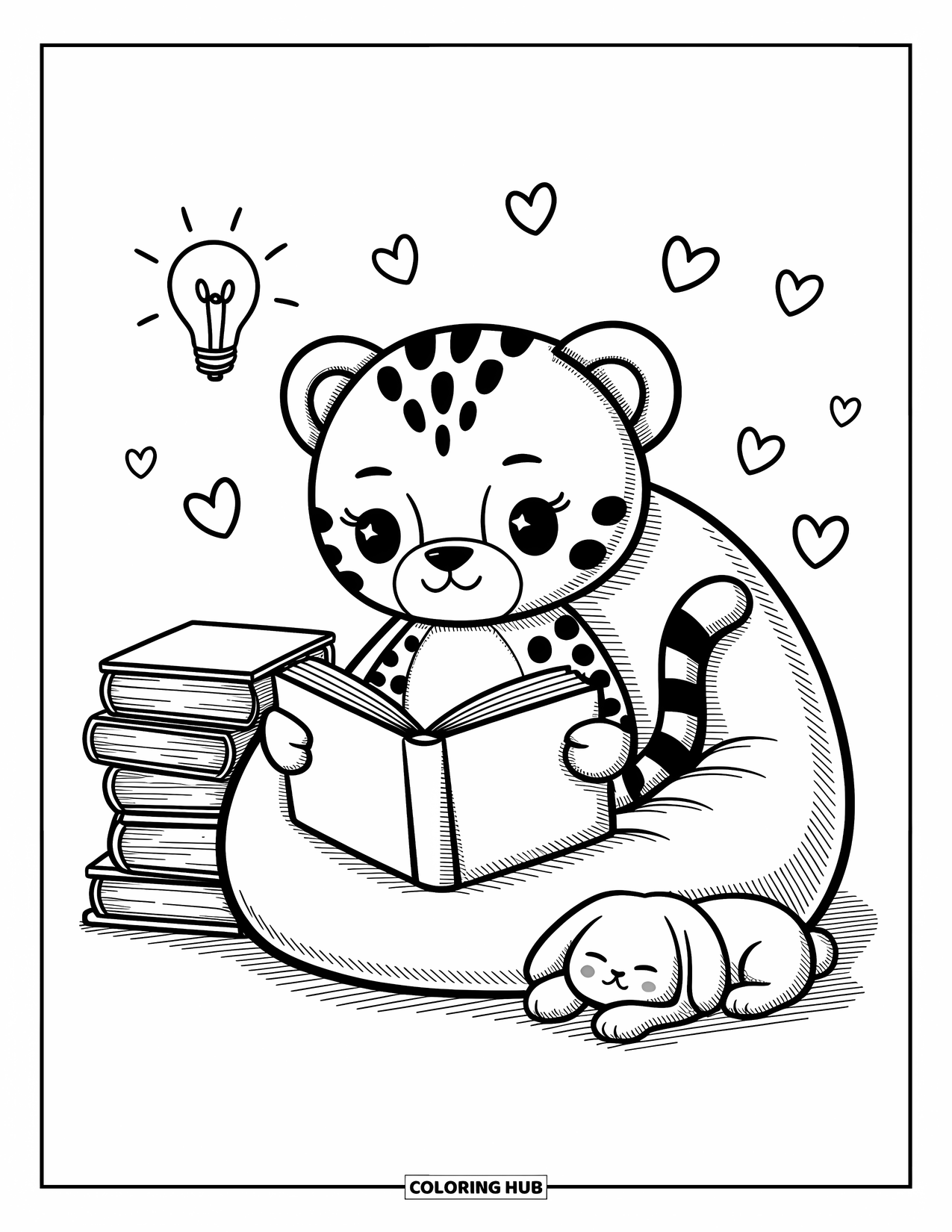 Disegno di ghepardo da colorare per adulti: Un ghepardo chibi si gode un libro su un pouf, con cuori fluttuanti e un coniglietto coccoloso