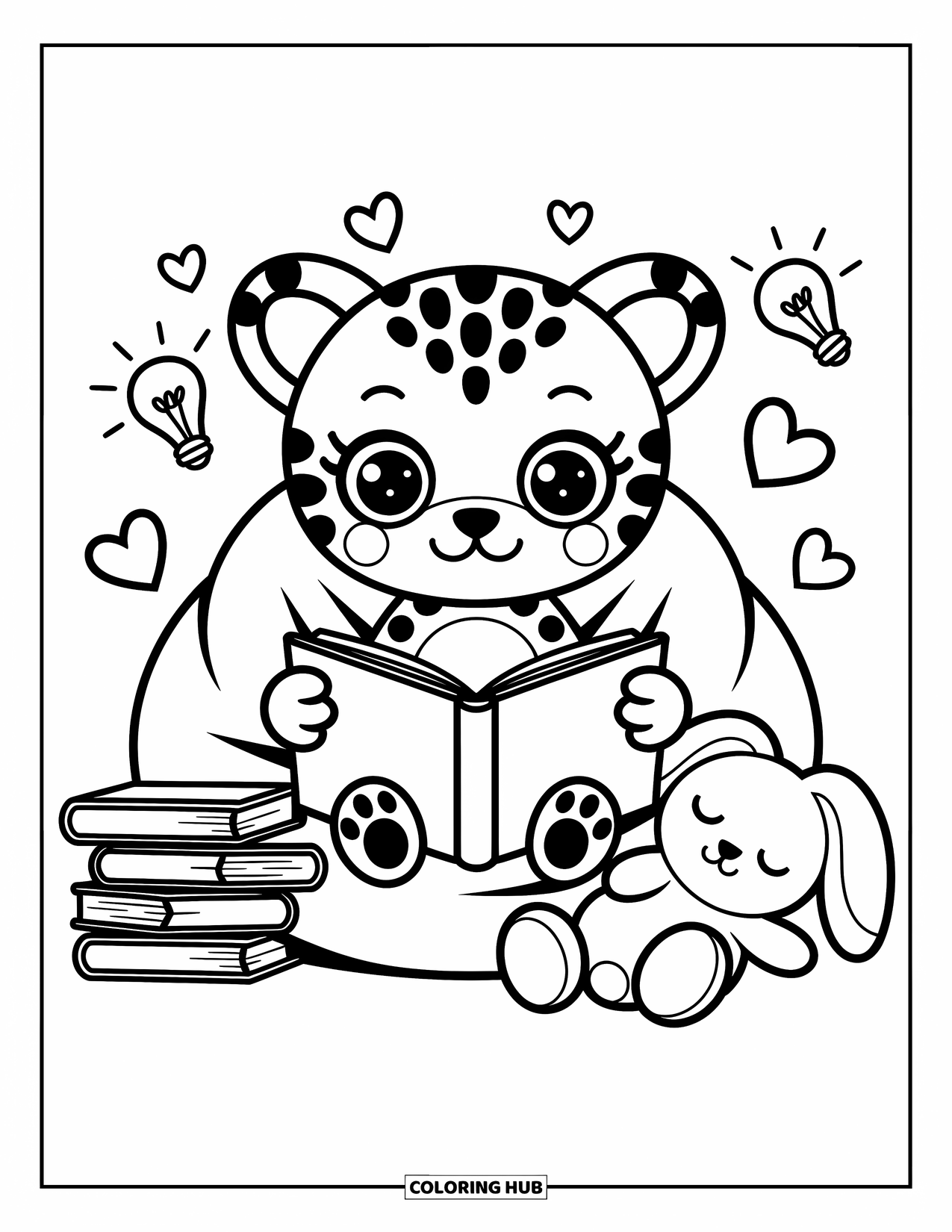 Disegno di ghepardo da colorare per adulti: Un ghepardo chibi legge un libro di fiabe su un pouf, con libri e un coniglio sonnacchioso nelle vicinanze