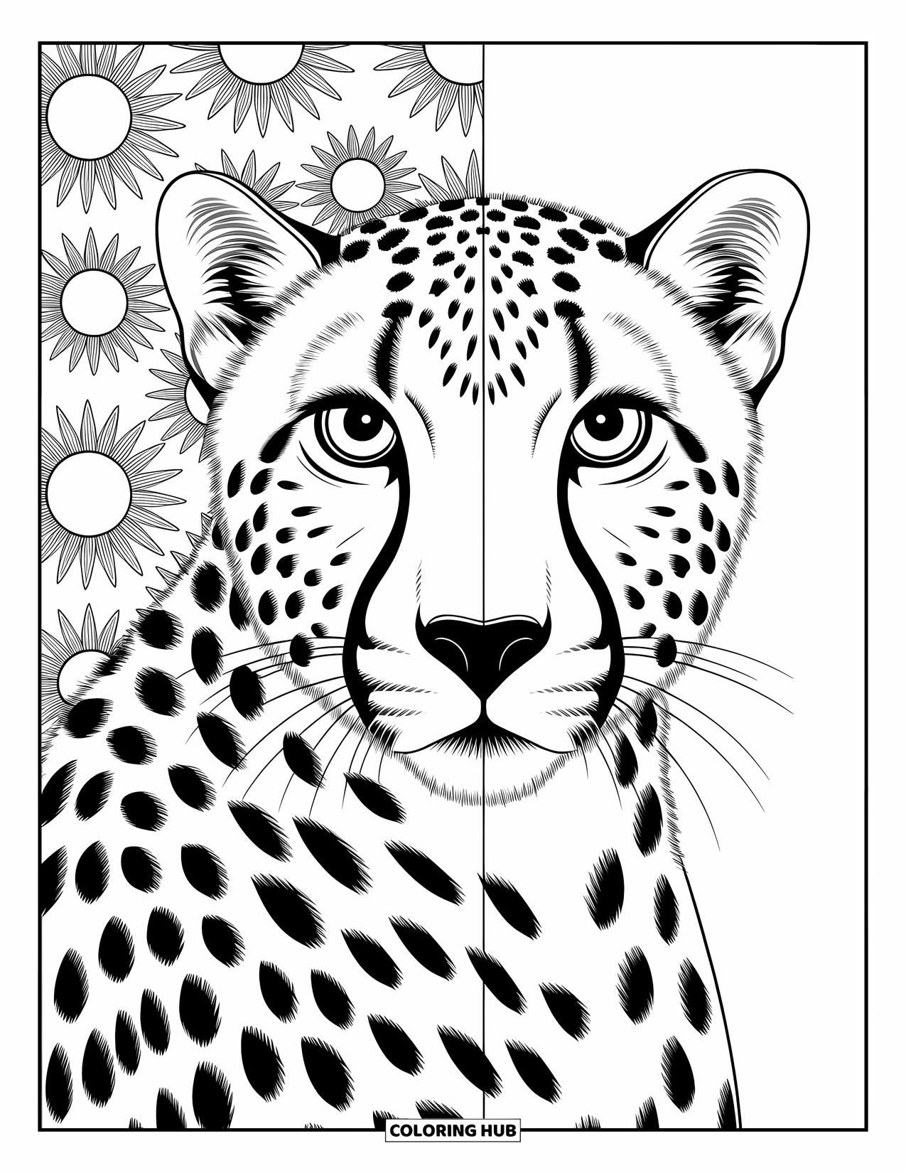 Disegno di ghepardo da colorare per adulti: Un volto di ghepardo ravvicinato sfuma in soli e foglie in un design aggraziato e con linee pulite