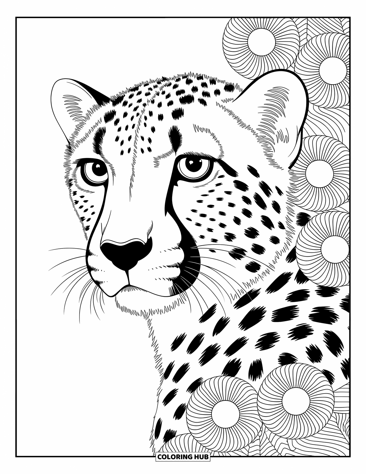 Disegno di ghepardo da colorare per adulti: Un volto di ghepardo ravvicinato circondato da motivi fluttuanti celesti e fogliati