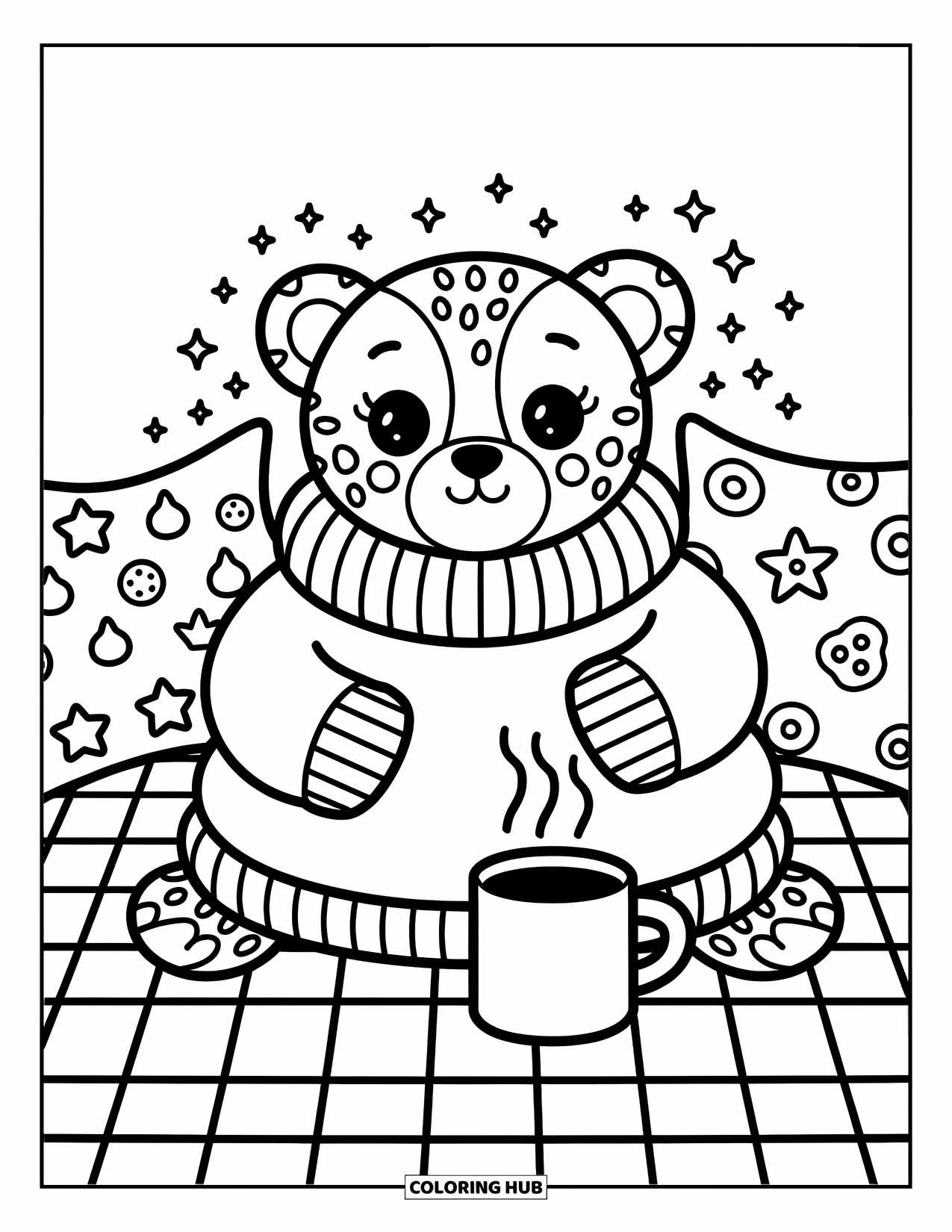 Disegno di ghepardo da colorare per adulti: Un ghepardo comodo in un maglione siede con una tazza fumante e cuscini stellati tutt'intorno
