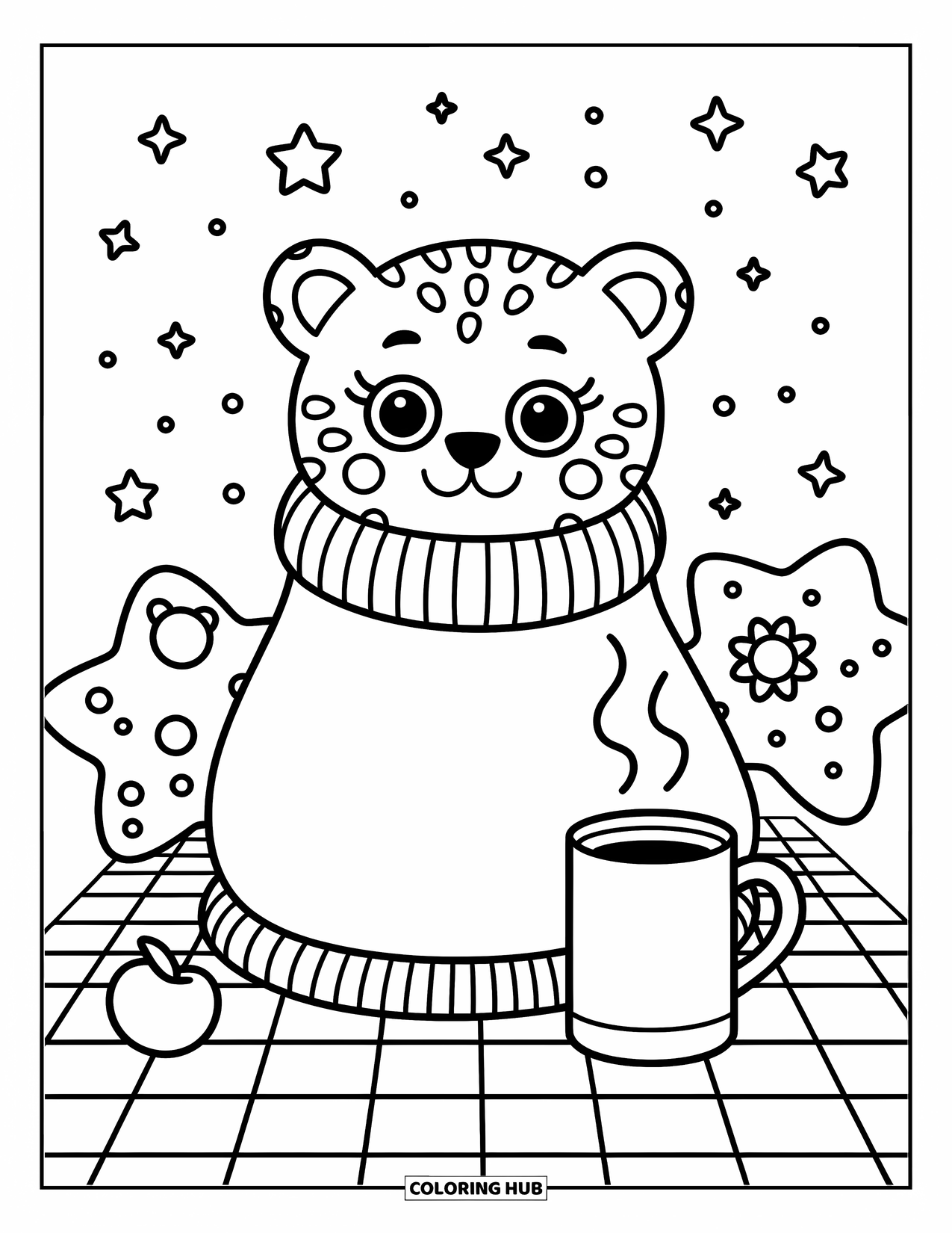 Disegno di ghepardo da colorare per adulti: Un ghepardo comodo siede in un maglione oversize, circondato da scintille e cuscini giocosi