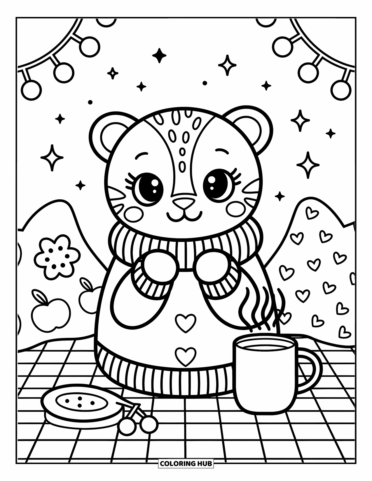 Disegno di ghepardo da colorare per adulti: Un ghepardo tenero siede in un maglione con una bevanda calda, circondato da morbidi cuscini giocosi