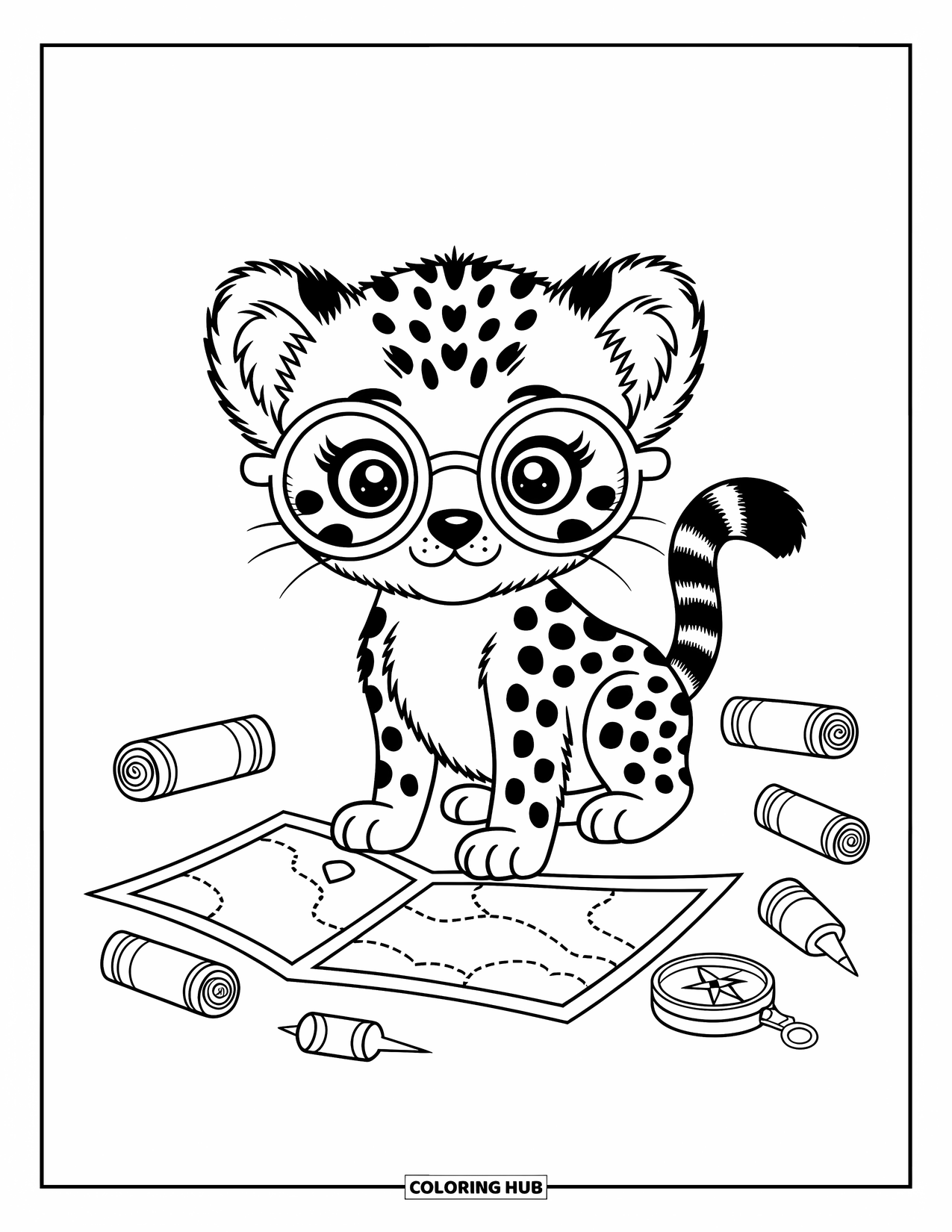 Disegno di ghepardo da colorare per adulti: Un cucciolo di ghepardo curioso con grandi occhiali studia una mappa, circondato da rotoli e piccoli spilli