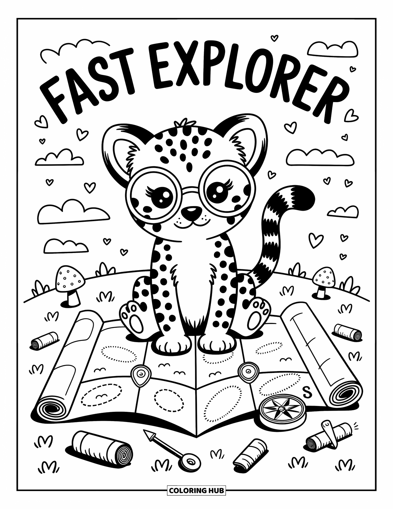 Disegno di ghepardo da colorare per adulti: Un cucciolo di ghepardo curioso con grandi occhiali studia una mappa con rotoli, spilli e una bussola