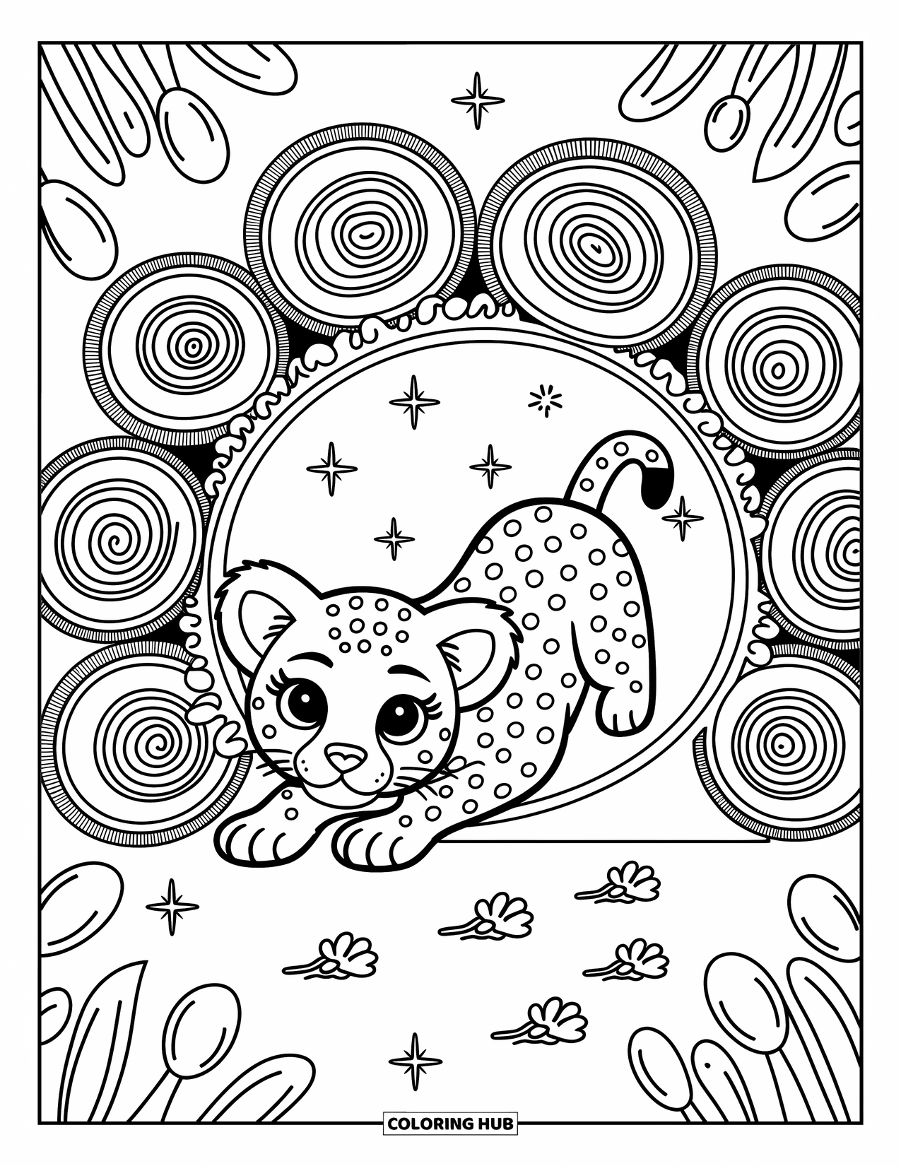 Disegno di ghepardo da colorare per adulti: Un ghepardo curioso sbuca da un tunnel di erba, lasciandosi alle spalle una scia di impronte di zampa