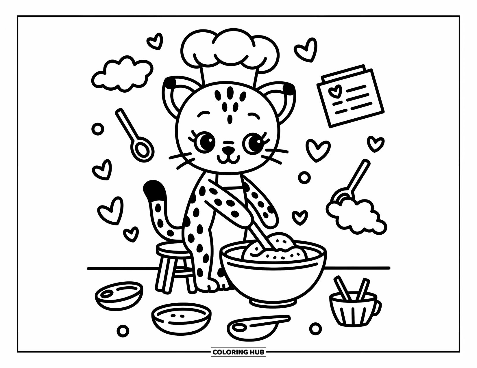 Disegno di ghepardo da colorare per adulti: Un ghepardo carino con un cappello da chef mescola la pasta per biscotti, circondato da cucchiai e nuvole di farina felici