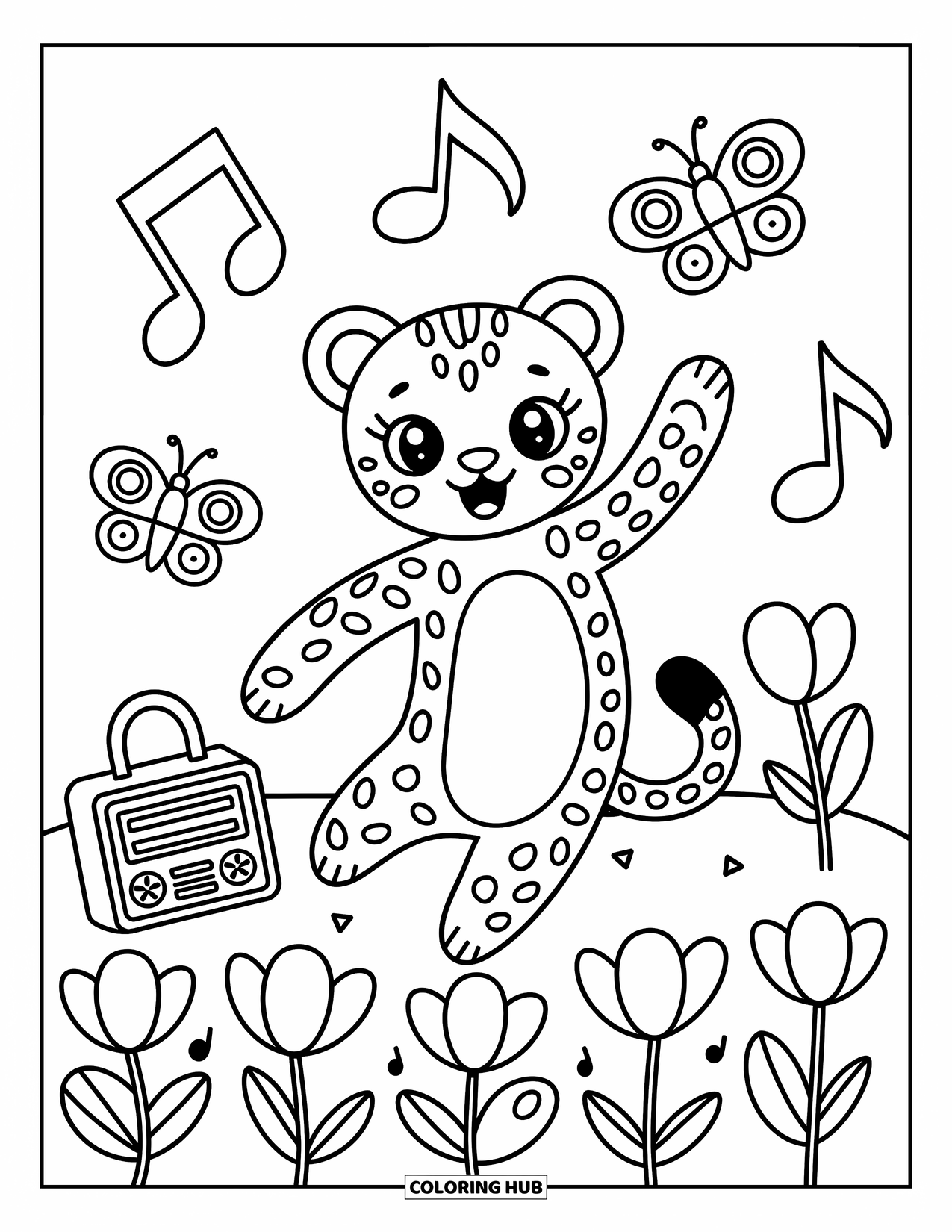 Disegno di ghepardo da colorare per adulti: Un ghepardo danzante si muove attraverso petali in vortice, note musicali e farfalle eleganti