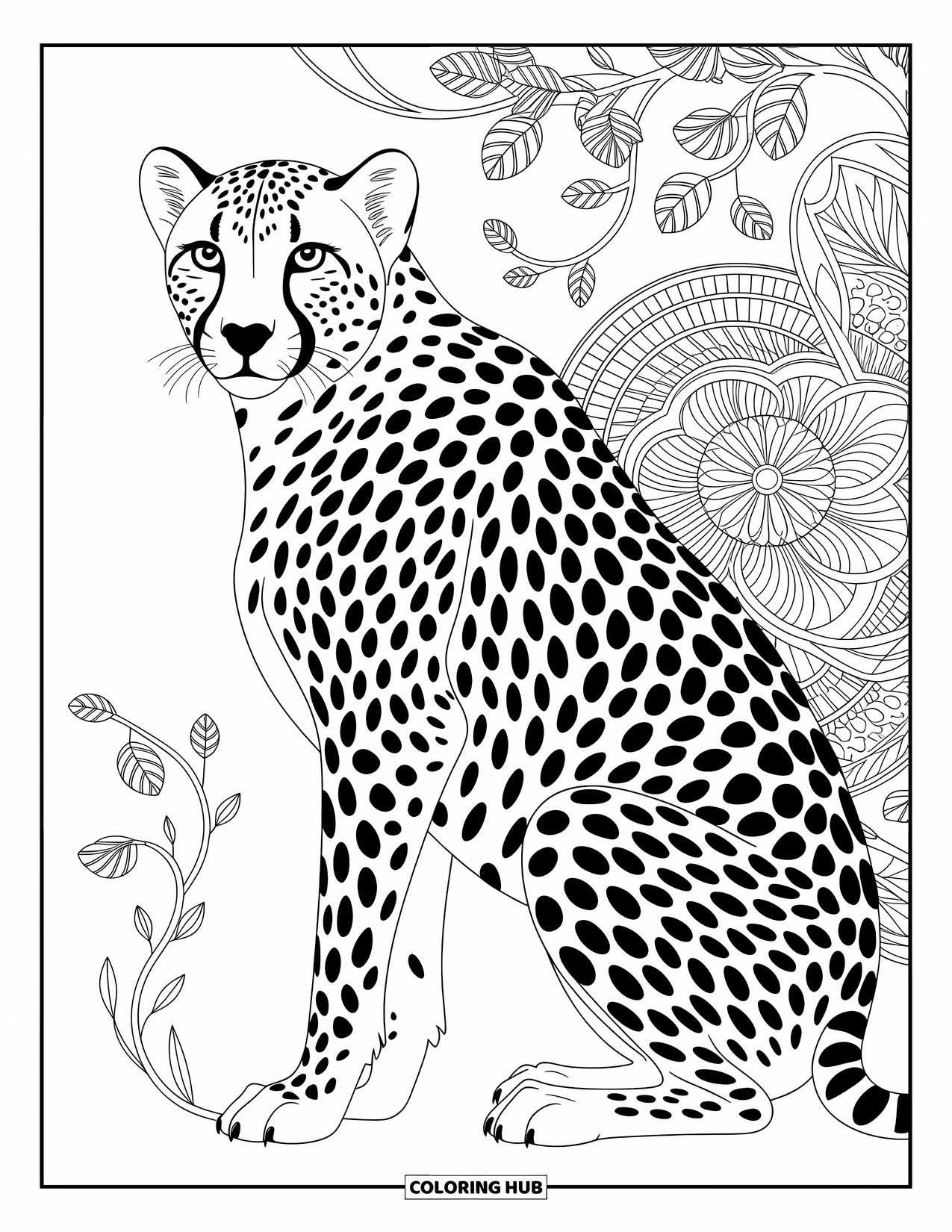 Disegno di ghepardo da colorare per adulti: Un ghepardo dettagliato si erge tra mandala vorticosi e viti naturali fluenti